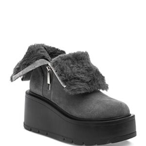 J Slides Charcoal Fur-Trimmed Platform Booties Size 8 BRAND NEW IN BOX